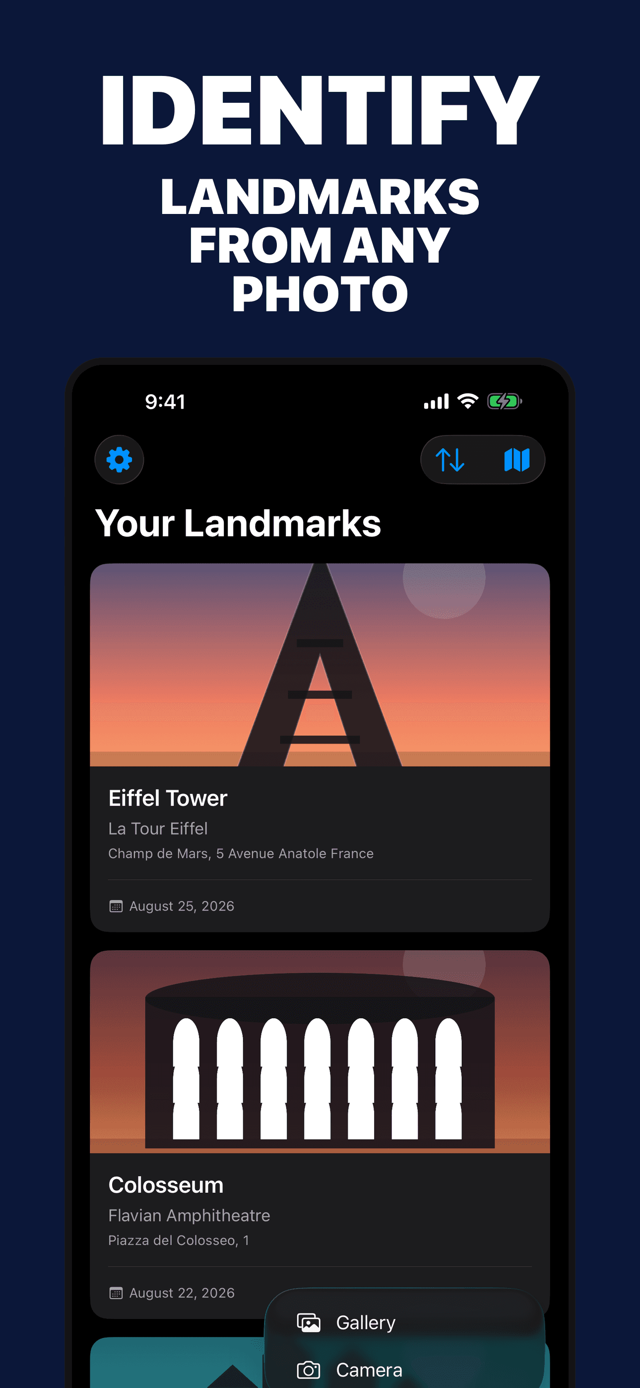 Landmark Identifier photo identification menu and saved landmark collection on iPhone