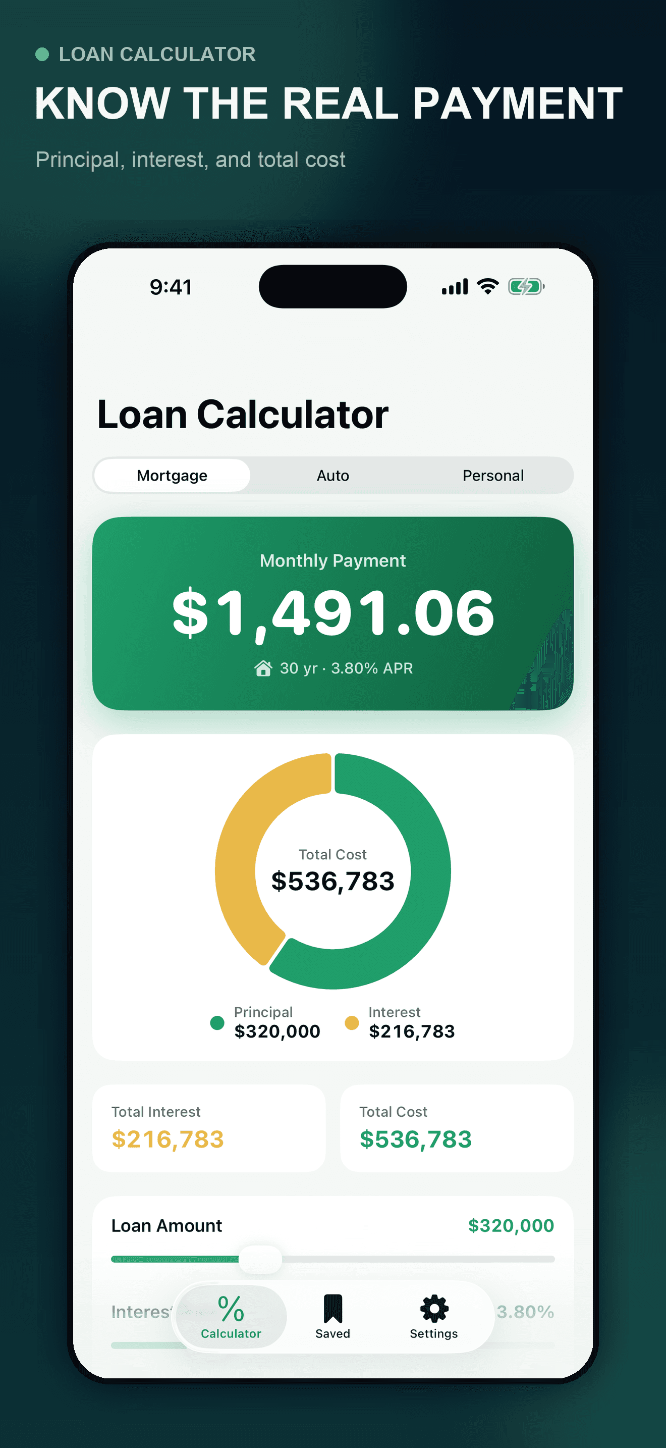 Loan Calculator monthly payment and total cost on iPhone
