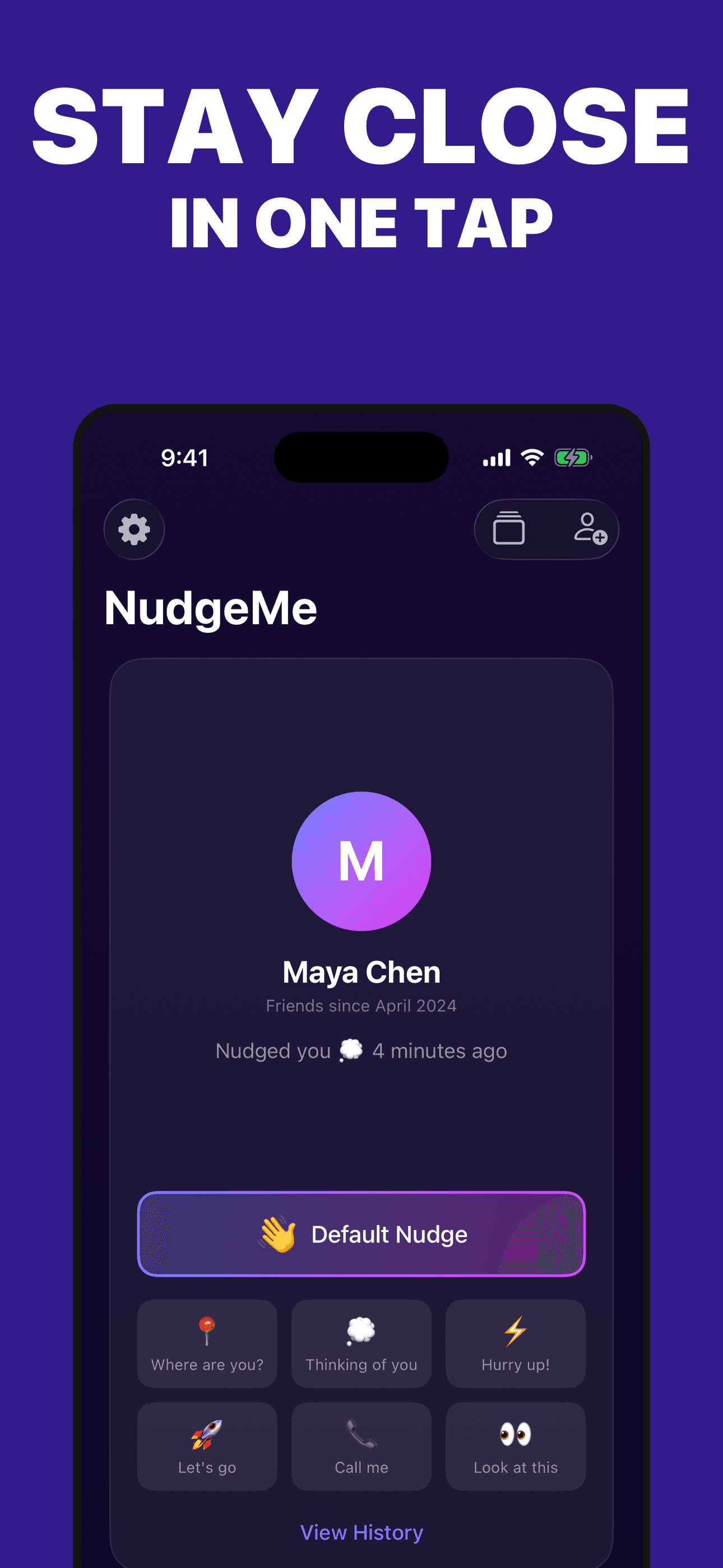 NudgeMe focused friend page with one-tap signals on iPhone