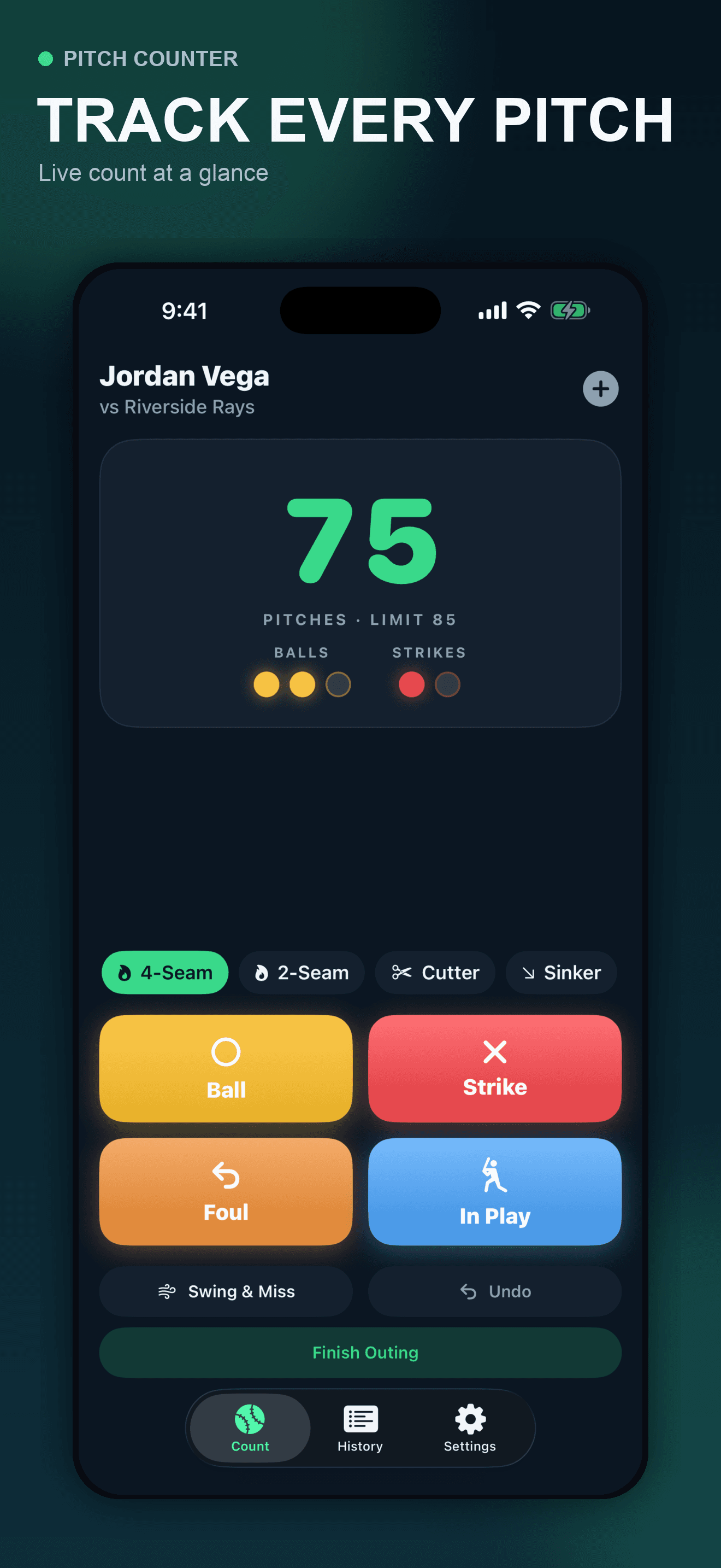 Pitch Counter live baseball pitch counting screen on iPhone