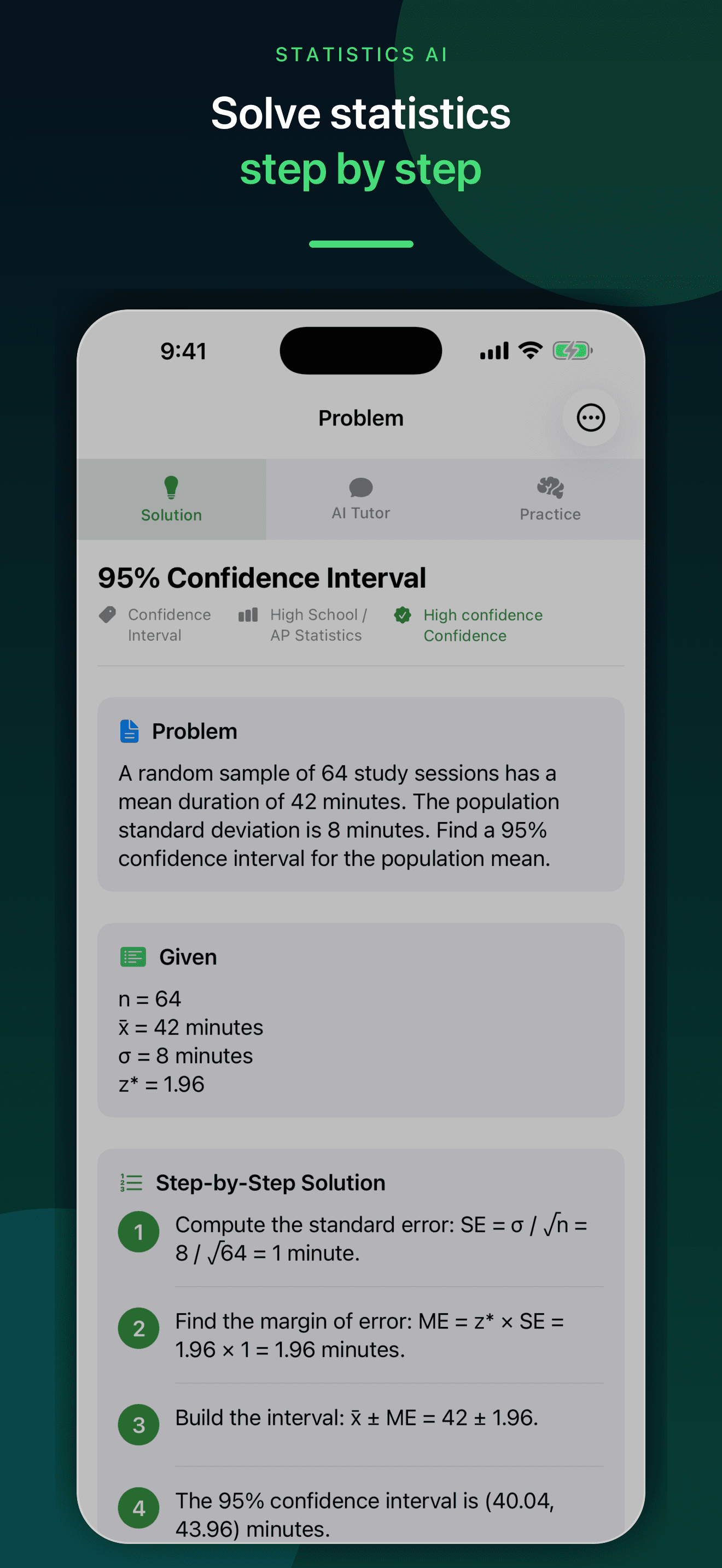 Statistics AI confidence interval solution on iPhone