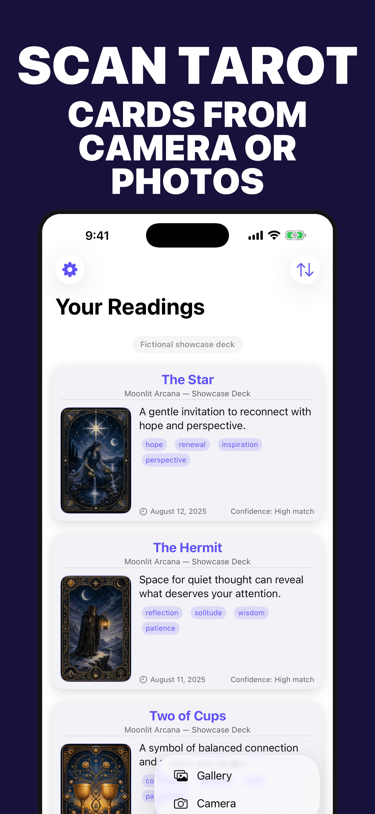 Tarot Scanner fictional showcase card library and camera menu on iPhone